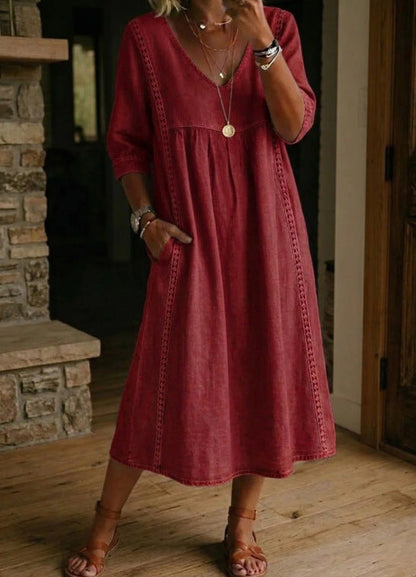 Elegant V-Neck Linen Blend Midi Dress with Lace Inserts and Pockets | Women's Casual Summer Dress