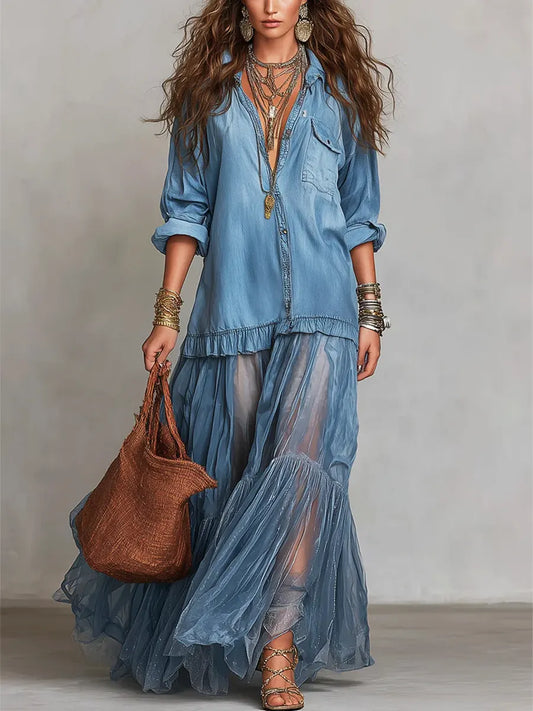 Robe longue décontractée en jean organza patchwork style rétro à revers pour femmes