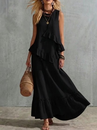 Robe longue texturée sans manches à volants asymétriques, robe longue d'été ample et fluide