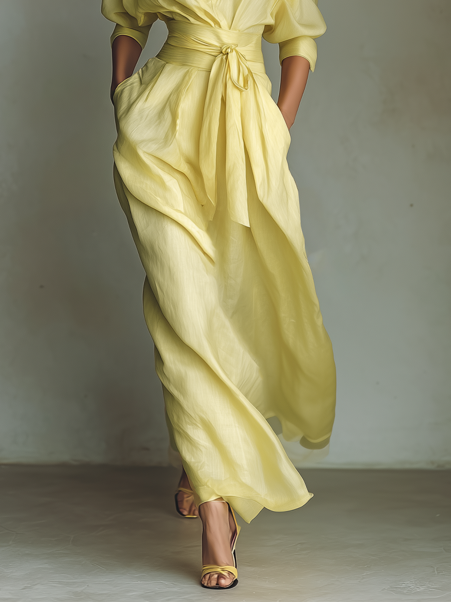 Long lemon yellow cotton-linen blend shirt dress with a tie waist and mid-length sleeves