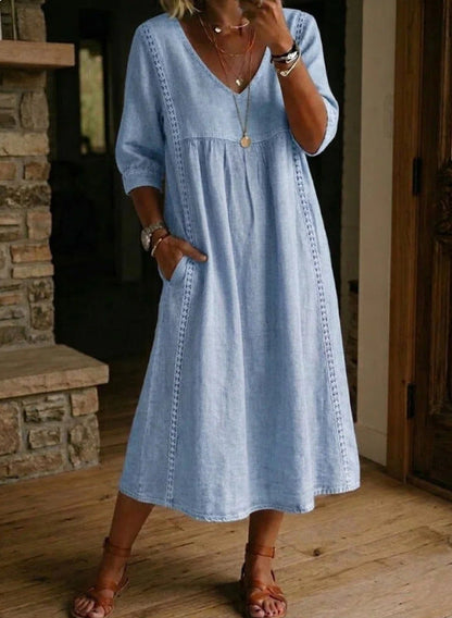 Elegant V-Neck Linen Blend Midi Dress with Lace Inserts and Pockets | Women's Casual Summer Dress