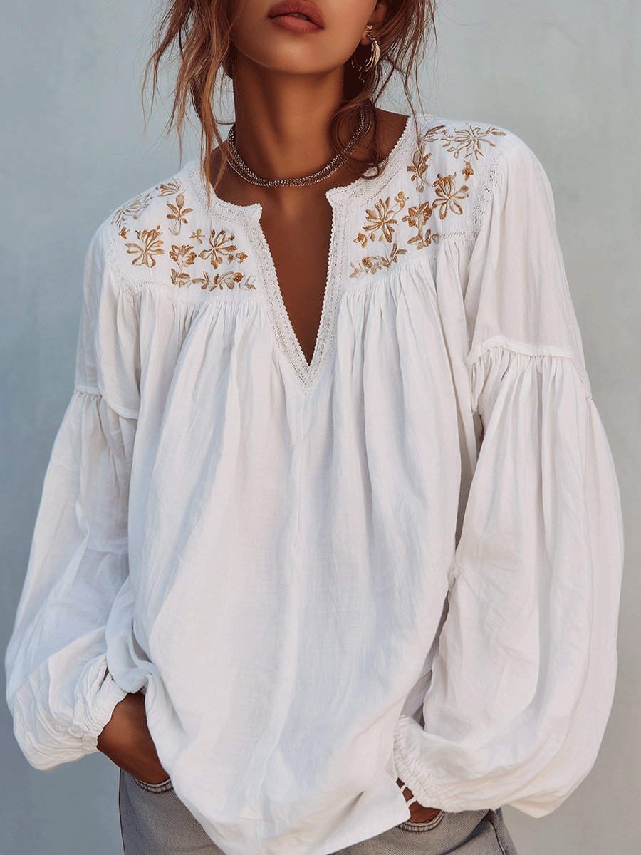Blouse à manches longues en coton blanc brodé, style bohème