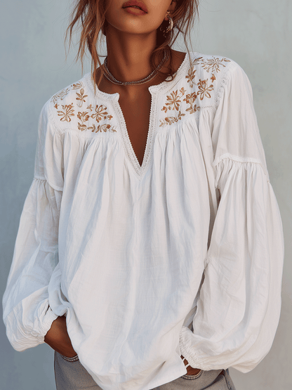 Blouse à manches longues en coton blanc brodé, style bohème