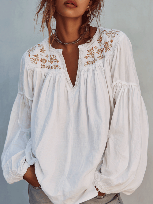 Blouse à manches longues en coton blanc brodé, style bohème