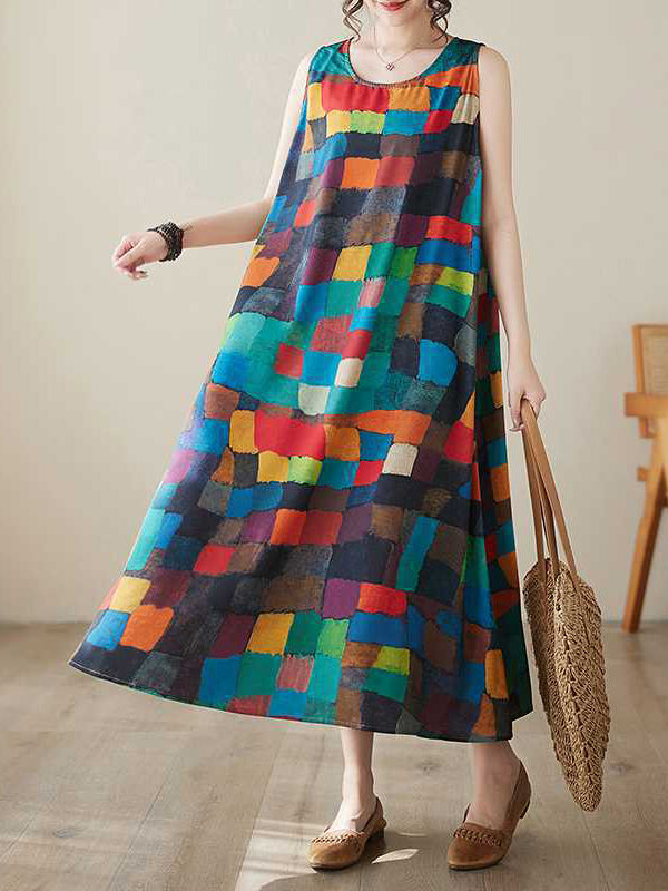 Robes midi à col rond, sans manches amples, à carreaux multicolores contrastés