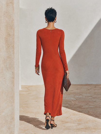 Women’s Solid Rust-Red Asymmetric Ruched Long-Sleeve Maxi Dress - DRESSES