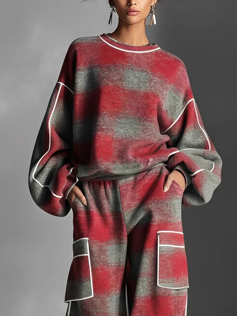 Ensemble deux pièces : sweat à blocs de couleur à carreaux rouge et gris et pantalon décontracté