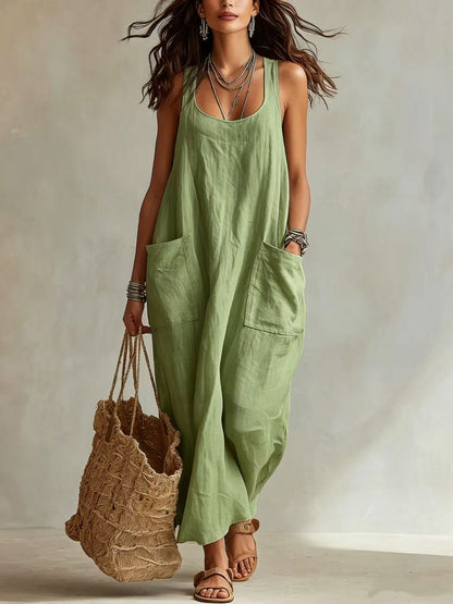 Robe longue maxi décontractée et fluide, sans manches, col en U, avec poches