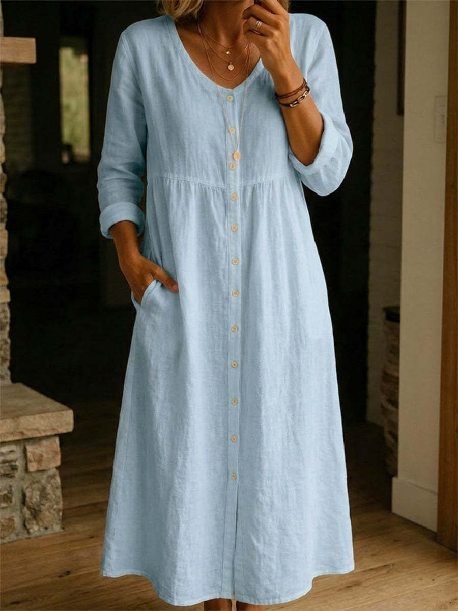 Plain women's dress for spring/autumn, A-line long-sleeved dress
