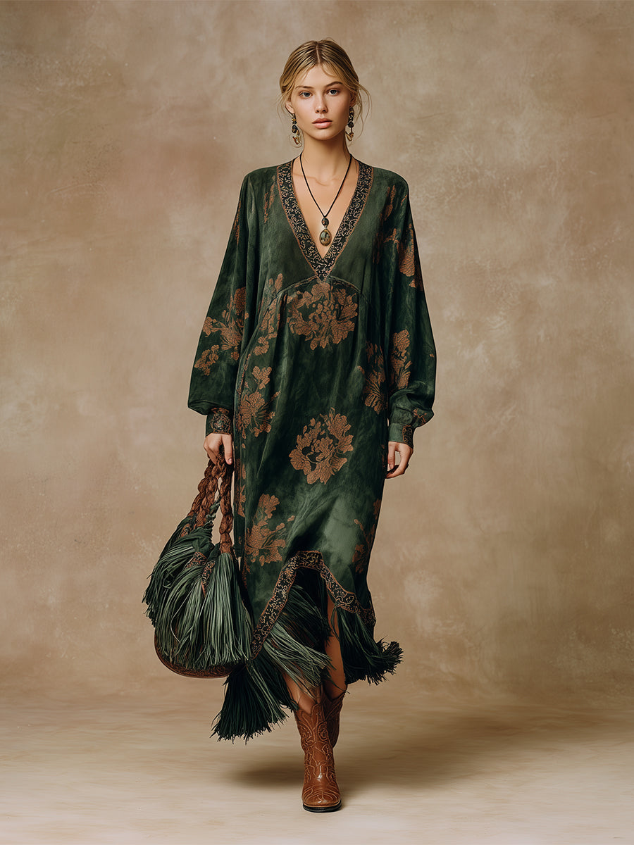 Green Retro Silhouette Print Faux Suede Maxi Dress with Tassels