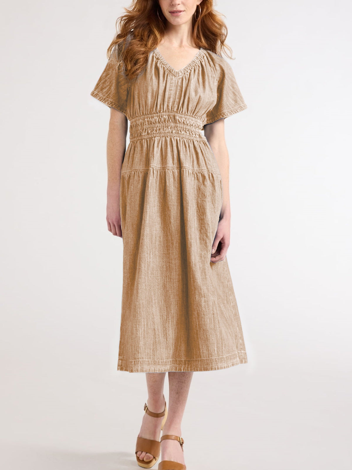 Casual women's light denim ruffled midi dress, on sale