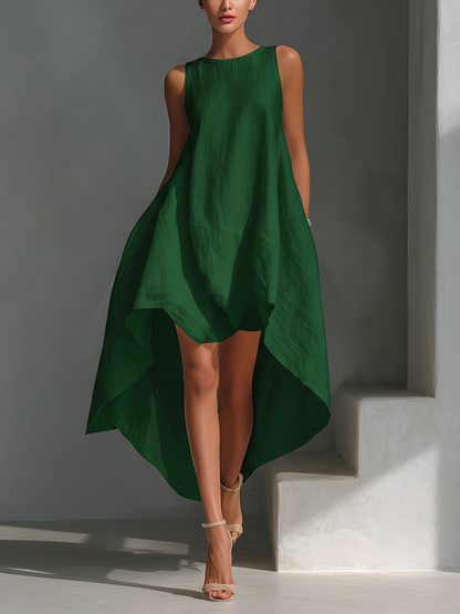 Robe midi sans manches en lin blanc pour femme à col rond