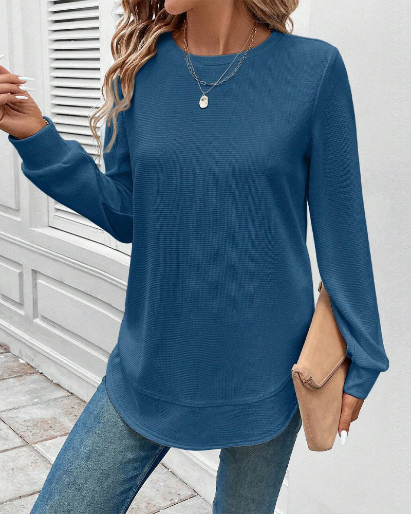 Round-neck, long-sleeved, solid-colour top