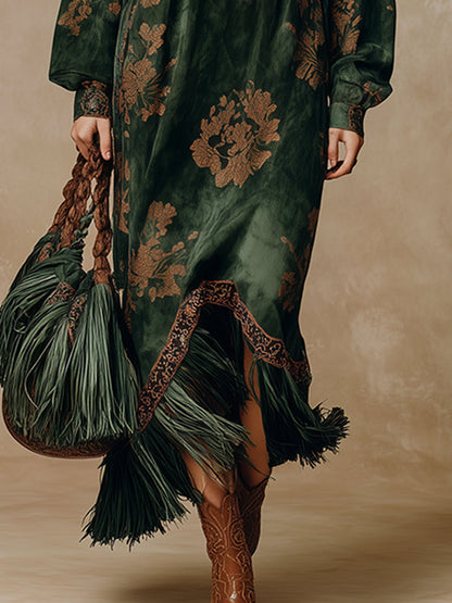 Green Retro Silhouette Print Faux Suede Maxi Dress with Tassels