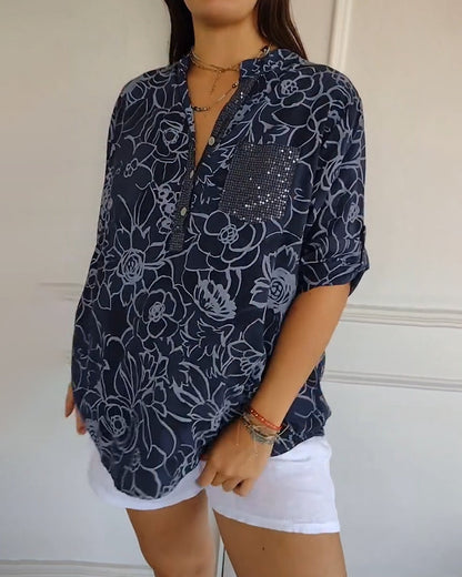 Blouse imprimée à col V avec boutonnage devant