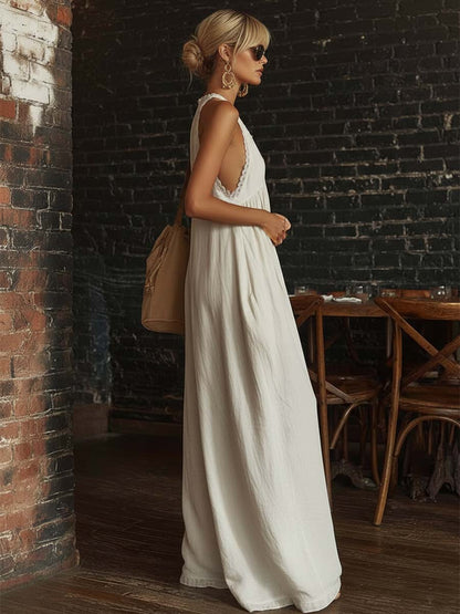 Combinaison en coton écru sans manches avec décolleté en V bordé de dentelle, style bohème urbain rétro