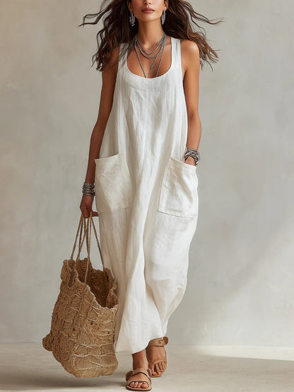 Robe longue maxi décontractée et fluide, sans manches, col en U, avec poches
