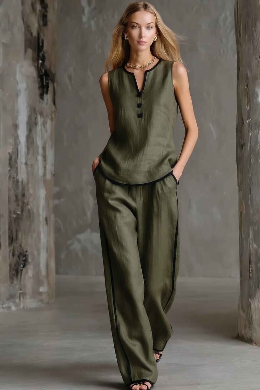 Ensemble débardeur et pantalon ample en coton-lin à blocs de couleur