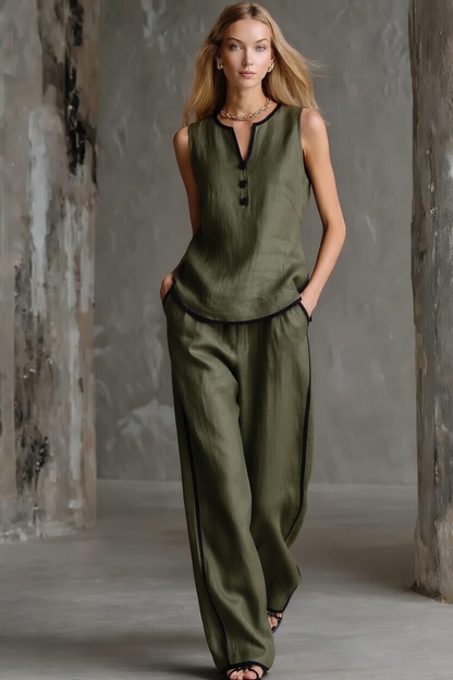 Ensemble débardeur et pantalon ample en coton-lin à blocs de couleur