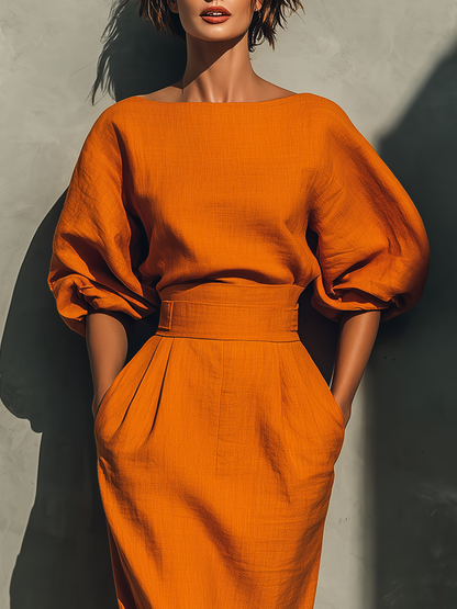 Ensemble femme haut mi-manches et jupe midi orange