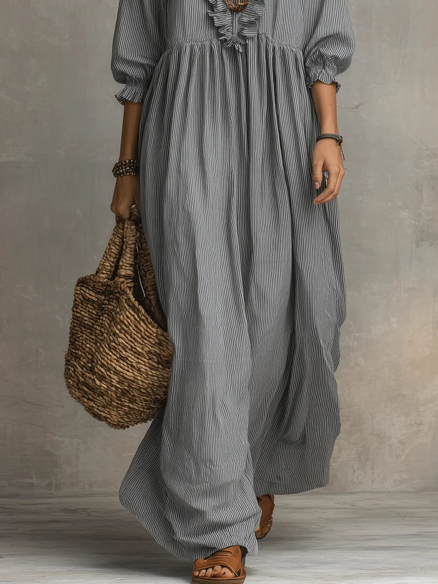 Robe longue de vacances chic décontractée à imprimé rayé et volants pour femme
