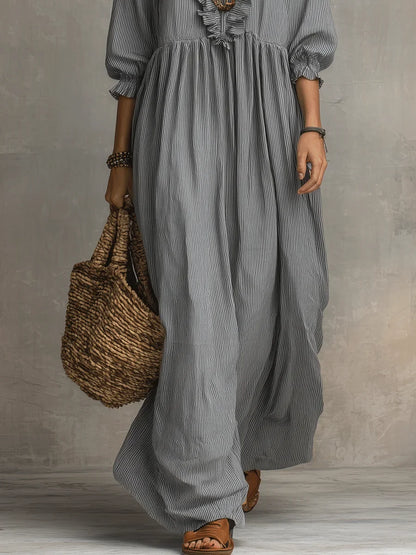 Robe longue de vacances chic décontractée à imprimé rayé et volants pour femme