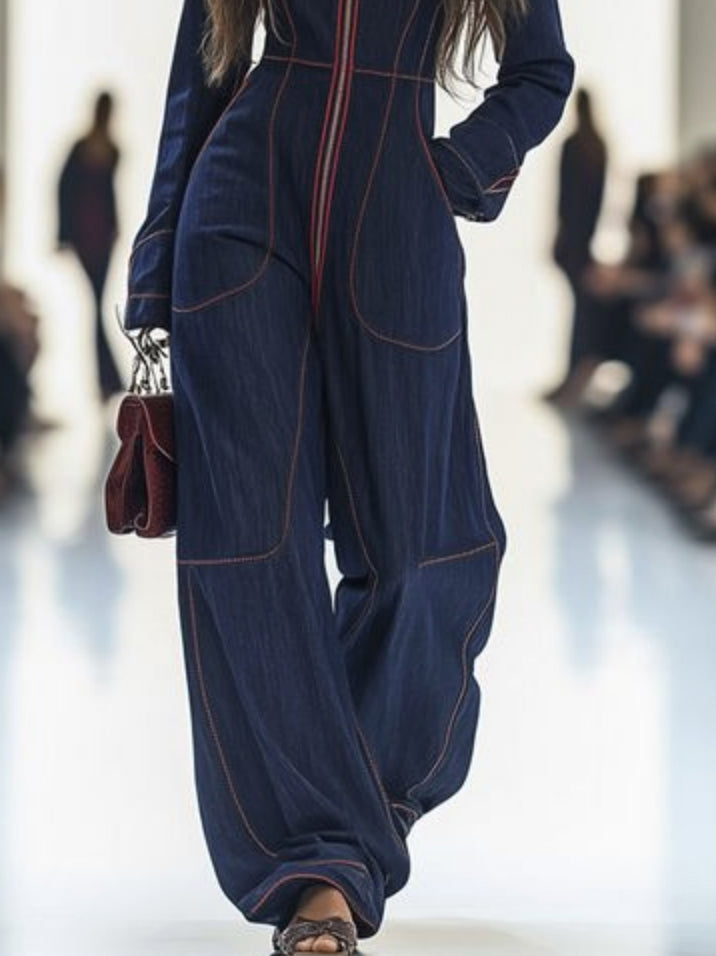 High-neck, long-sleeve, wide-leg, zip-front jumpsuit