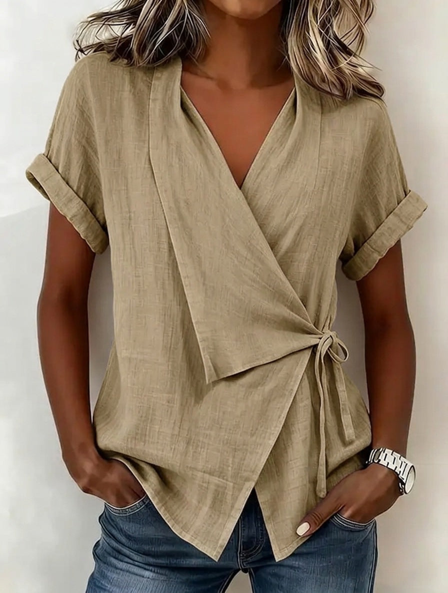 Blouse à manches courtes et col en V en lin mélangé avec ceinture à nouer à la taille