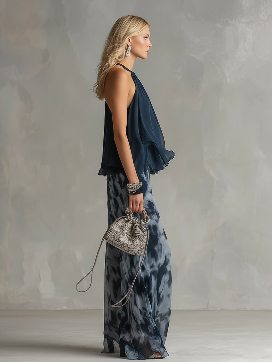 Muslin Set: Urban Chic Navy Halter Top with Wide-Leg Printed Pants