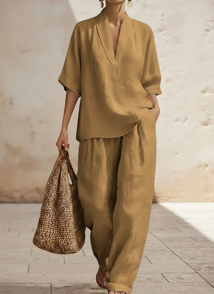 Nouvel arrivage🔥 Ensemble deux pièces décontracté, confortable et minimaliste en lin pour femme