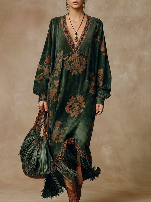 Green Retro Silhouette Print Faux Suede Maxi Dress with Tassels