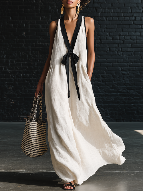 Robe longue sans manches col en V à imprimé bohème noir et blanc