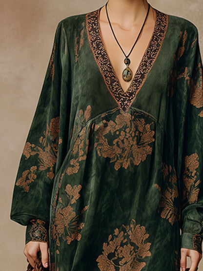 Green Retro Silhouette Print Faux Suede Maxi Dress with Tassels