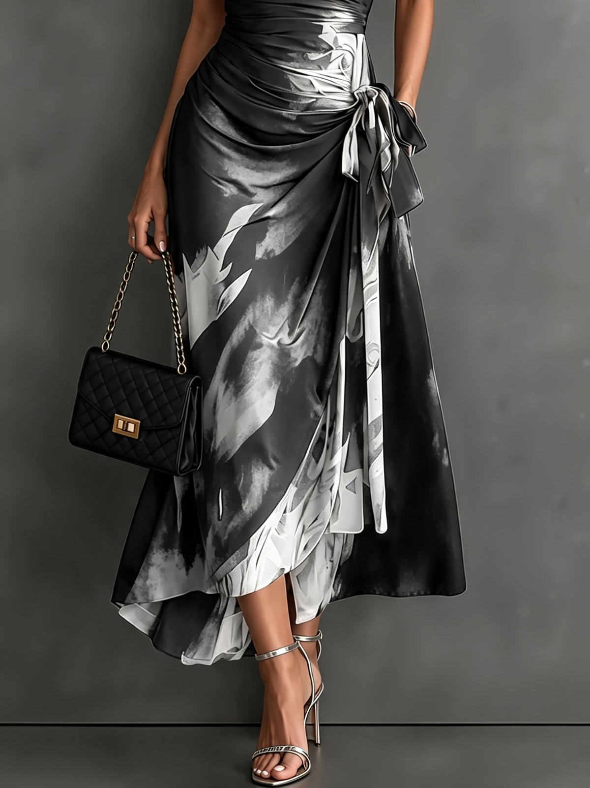 Robe Midi Cache-cœur Imprimé Abstrant Rouge et Noir Col V Manches Courtes Ceinture Nouée Ourlet Asymétrique Volanté