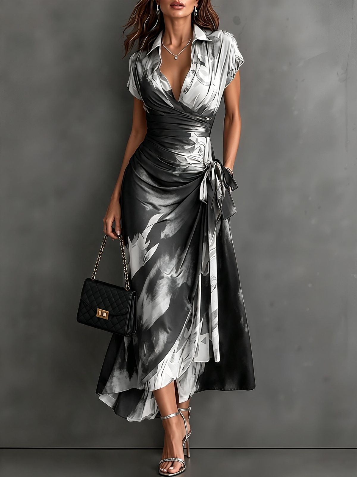 Robe Midi Cache-cœur Imprimé Abstrant Rouge et Noir Col V Manches Courtes Ceinture Nouée Ourlet Asymétrique Volanté