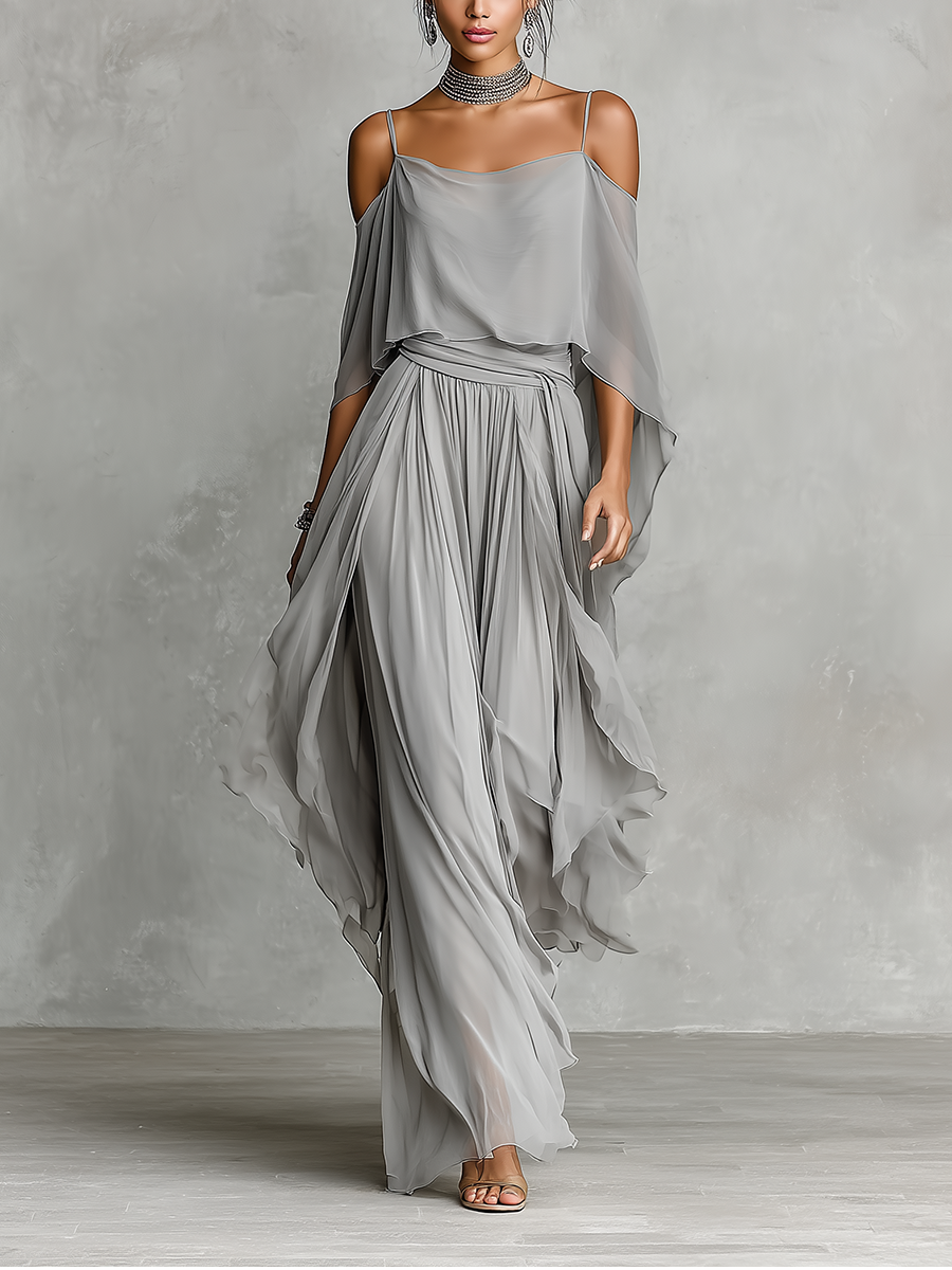 Robe longue femme grise en mousseline respirante avec détail épaules dénudées et silhouette évasée