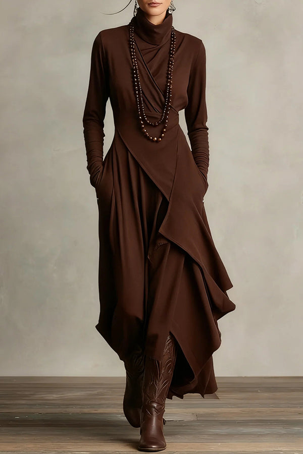 Robe longue décontractée unie à col montant, manches longues et ourlet asymétrique