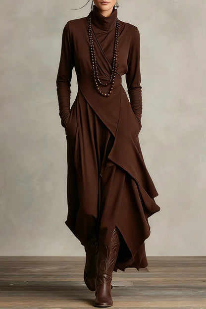 Robe longue décontractée unie à col montant, manches longues et ourlet asymétrique
