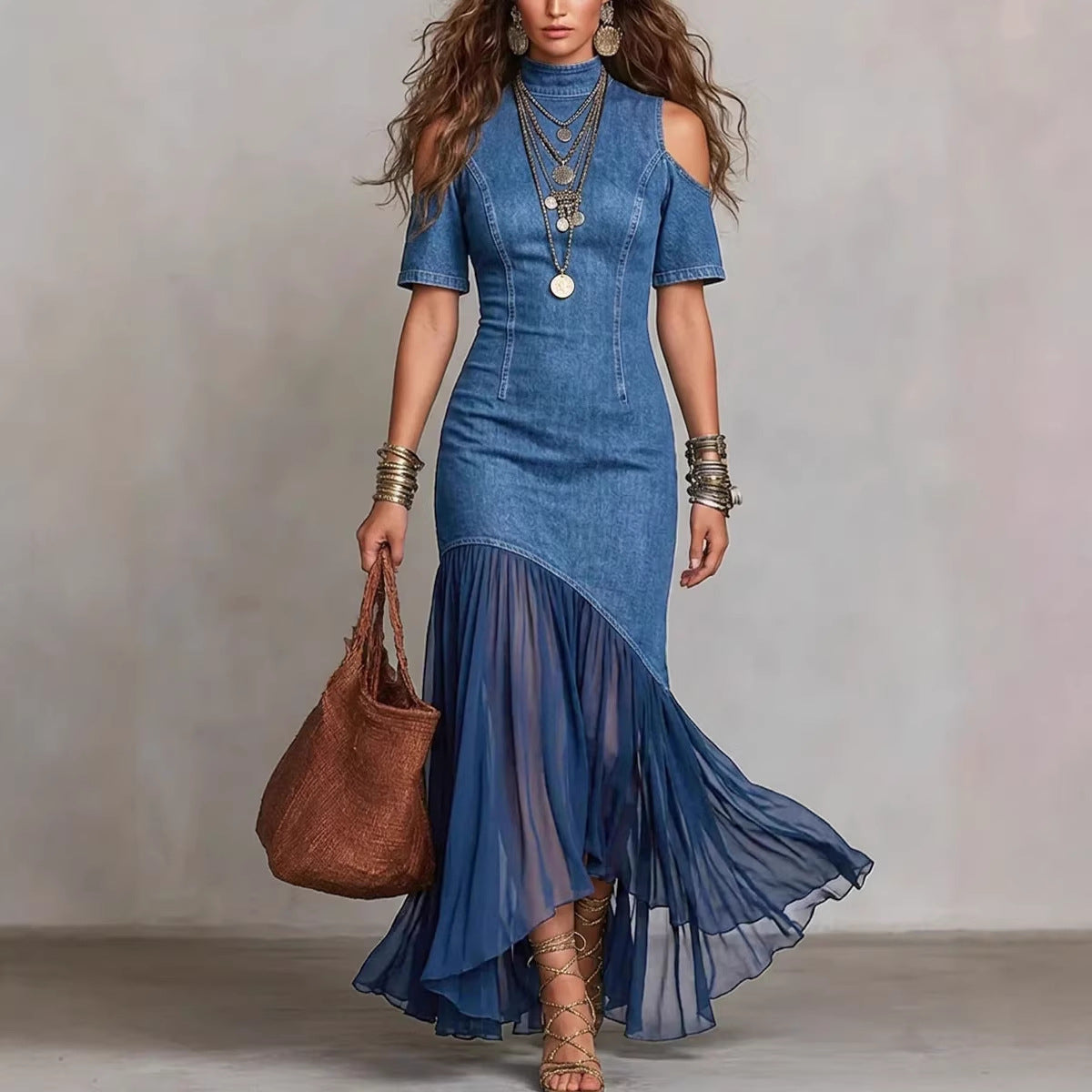 Robe midi à épaules dénudées avec ourlet en maille – Robe moulante à manches courtes