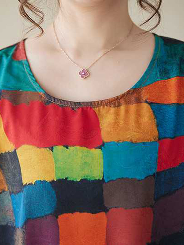Robes midi à col rond, sans manches amples, à carreaux multicolores contrastés