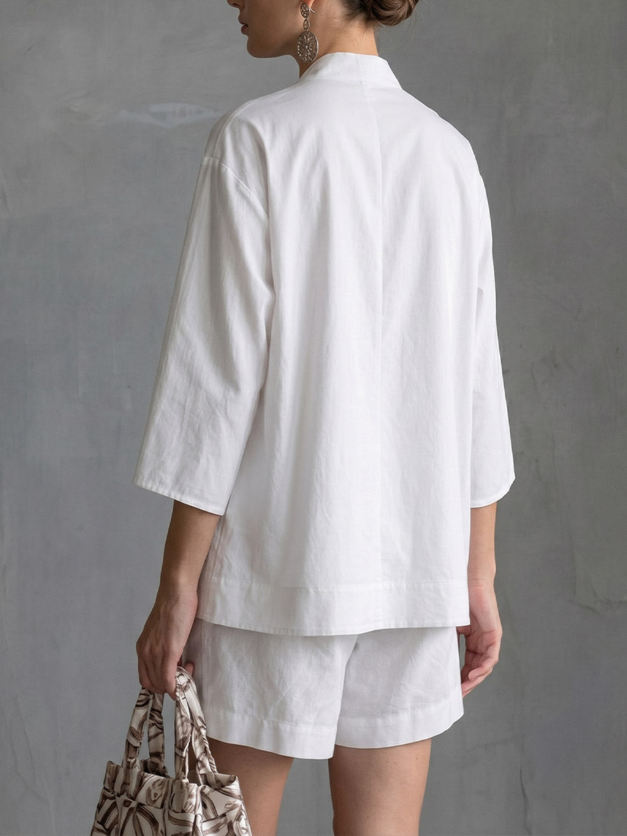 Ensemble décontracté pour femme, haut ample en coton et lin à manches 3/4 et col en V, et short taille haute à jambes larges