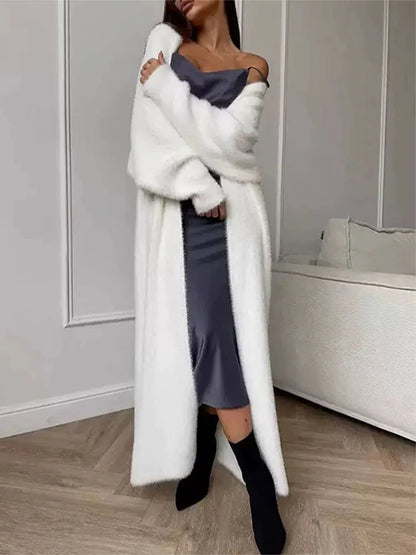 Women's Loose Soft Fluffy Autumn-Winter Cardigan, Long White Knitted Faux Mink Vest