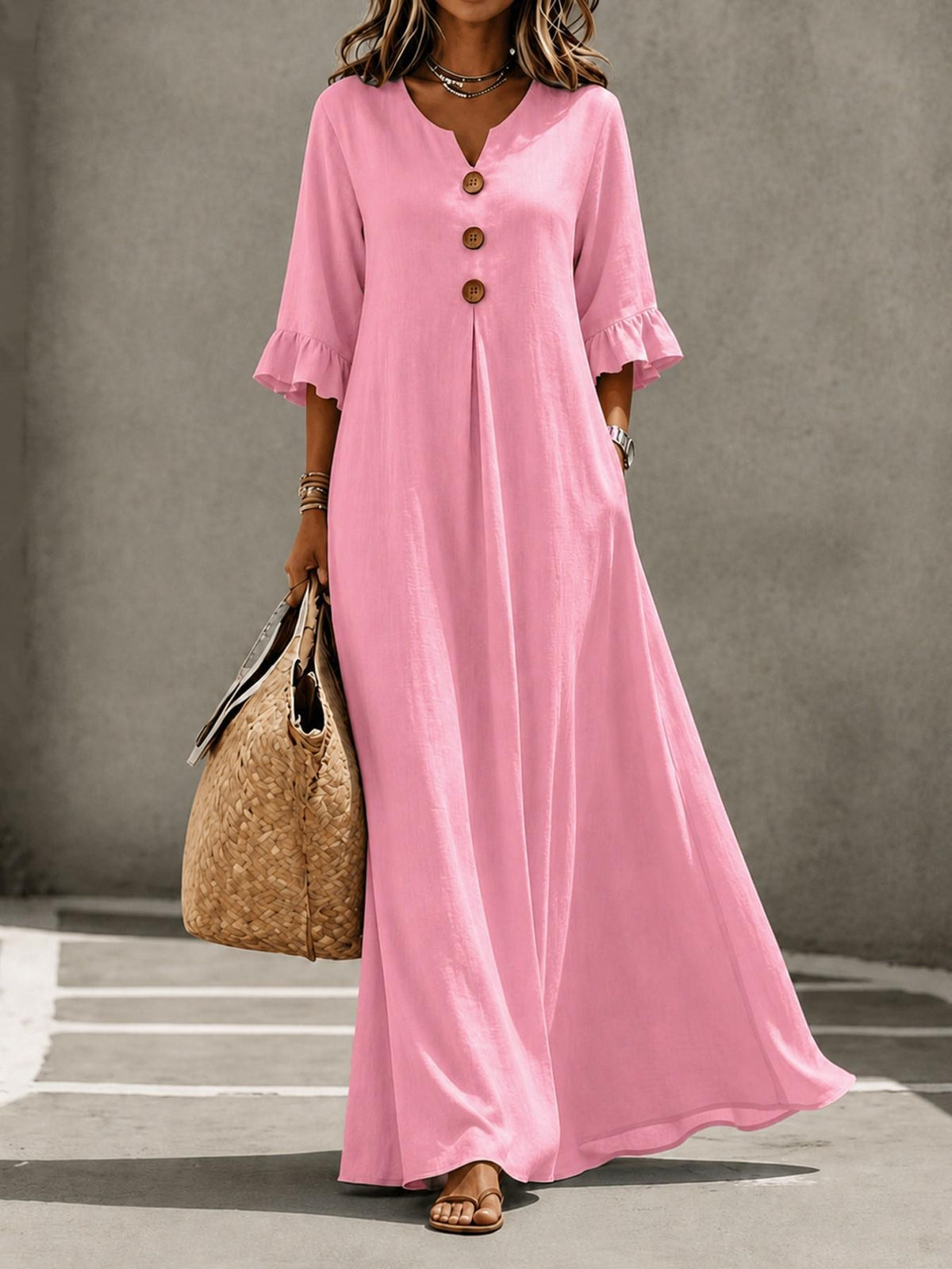 Robe longue en lin à col en V et manches volantées