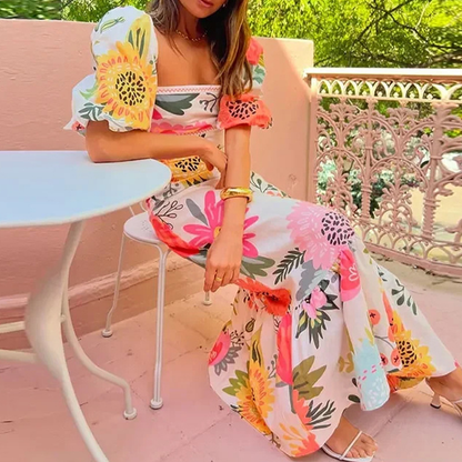 Looking for the Sunshine floral print square neck puff sleeve maxi dress