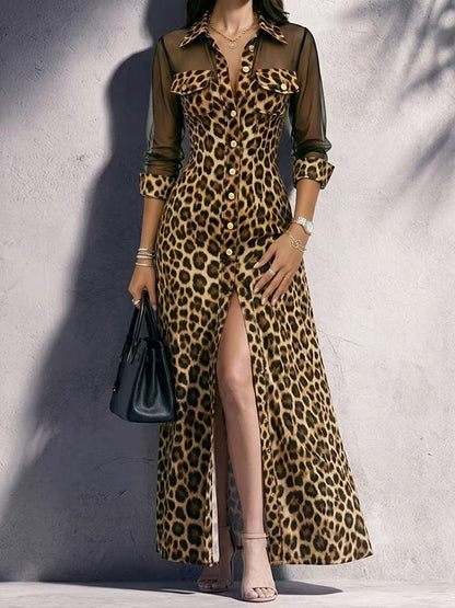 Robe longue chemise en maille imprimé léopard à manches