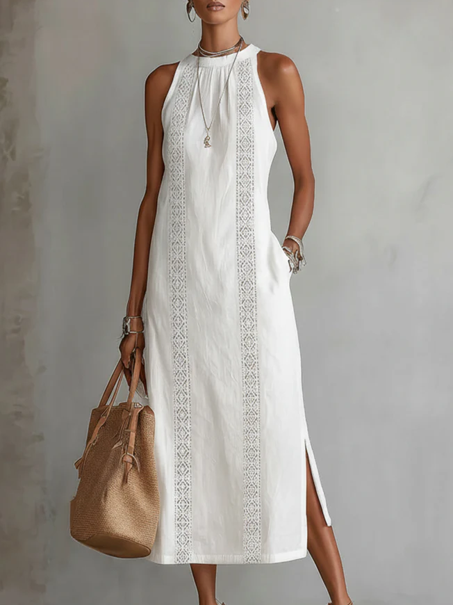🌿 Minimalist, retro and soft linen dress with lace details