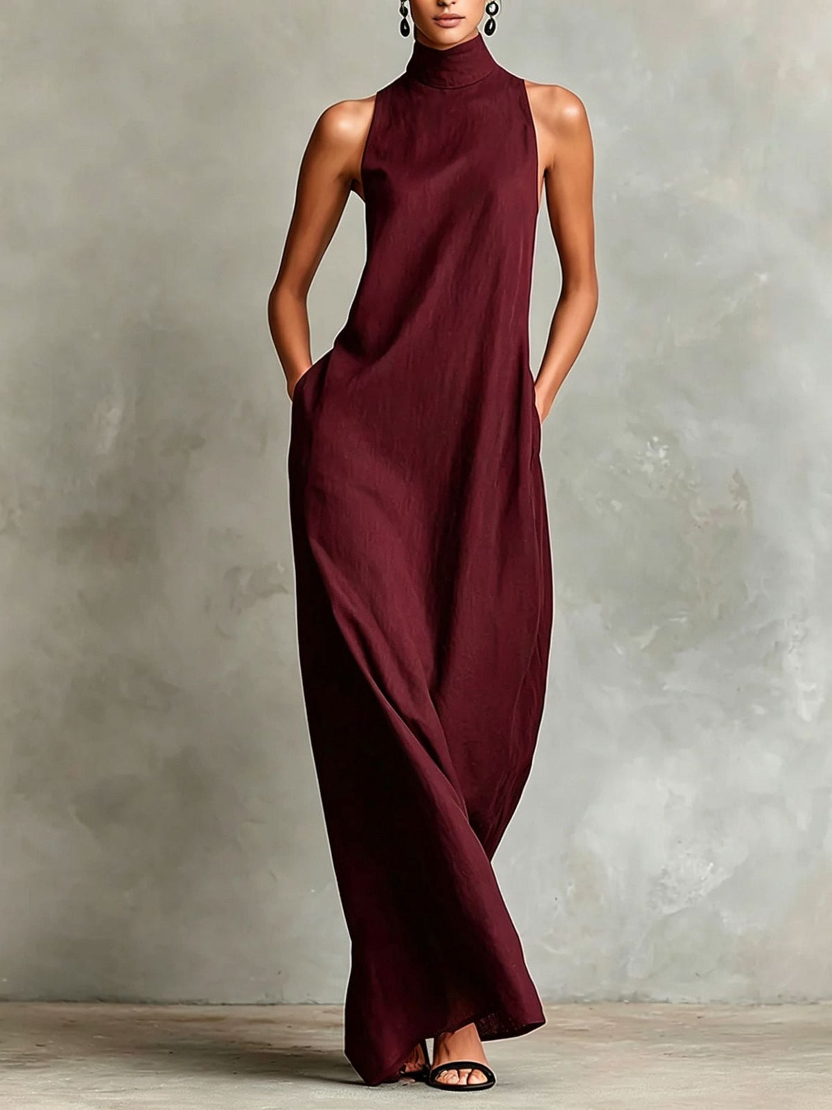 Robe longue sans manches en lin à col montant