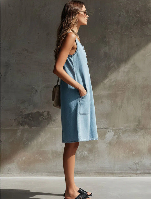 Robe chemise en jean sans manches pour femme, chic et décontractée
