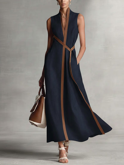 Robe décontractée sans manches ample en coton et lin à col montant pour femme