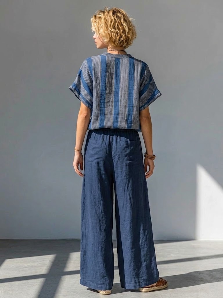 Ensemble décontracté deux pièces haut et pantalon rayé en lin et coton